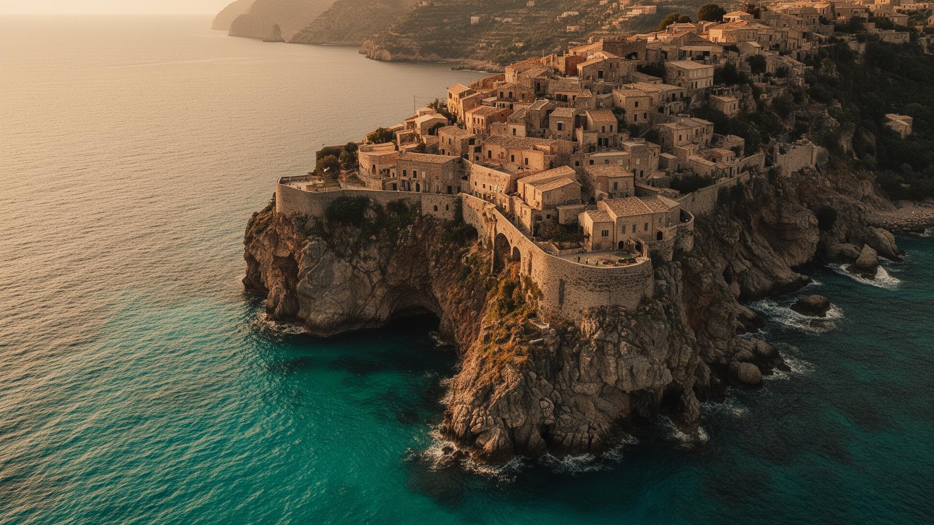 Ancient coastal village perched on Mediterranean cliffs at golden hour