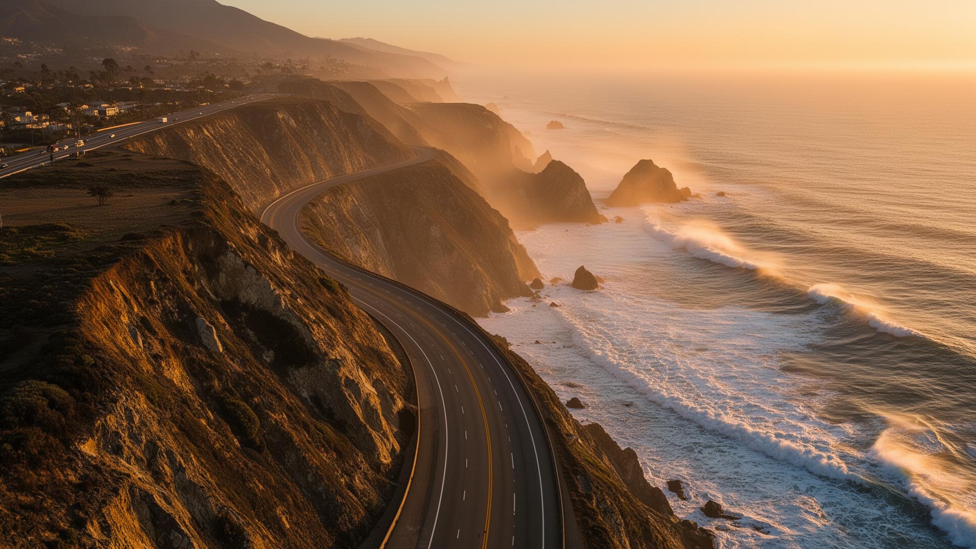 Pacific Coast Highway winding along California's golden cliffs at sunset