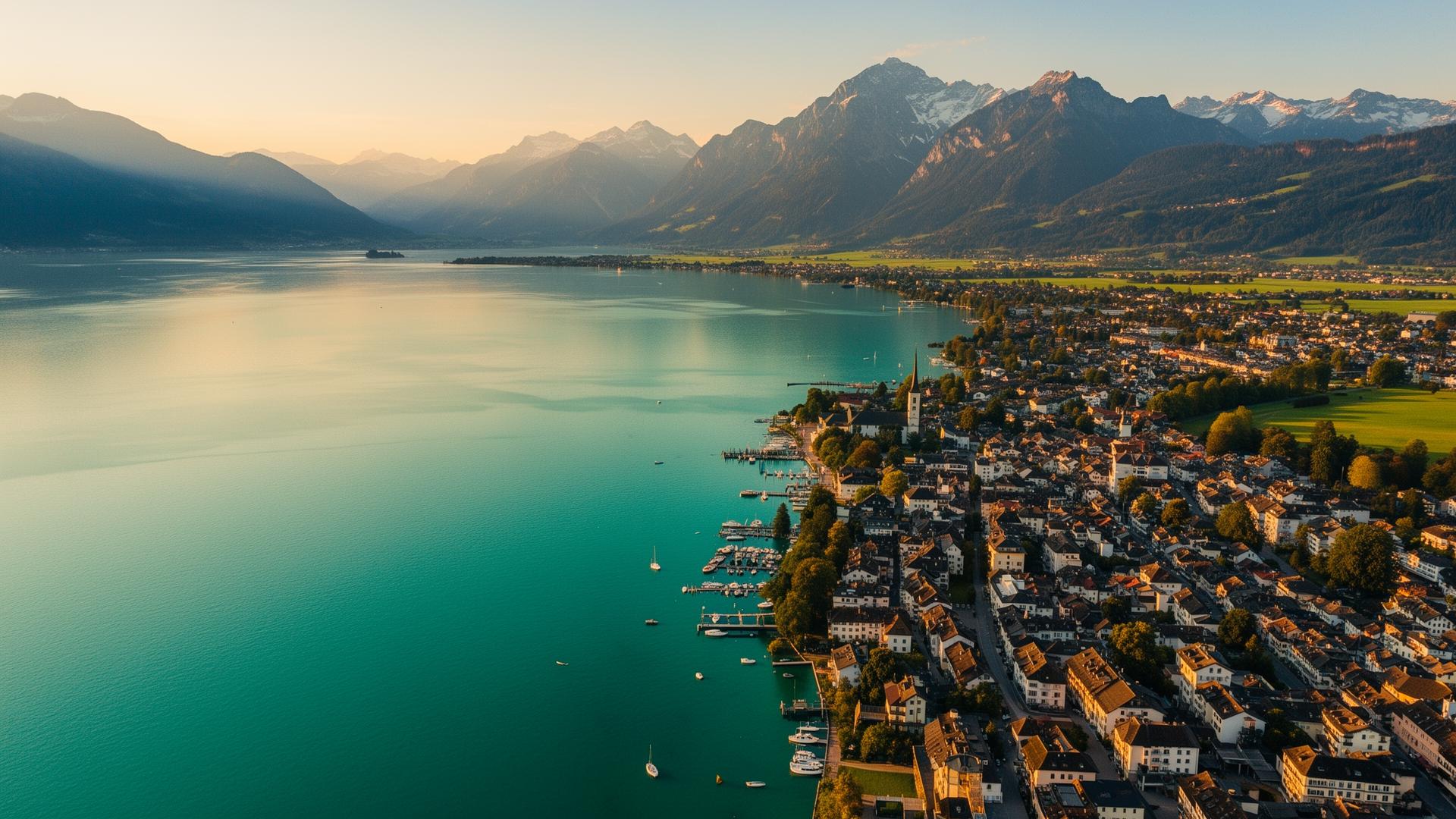 Aerial drone view of Lake Constance at Lindau with alpine mountains in golden hour light