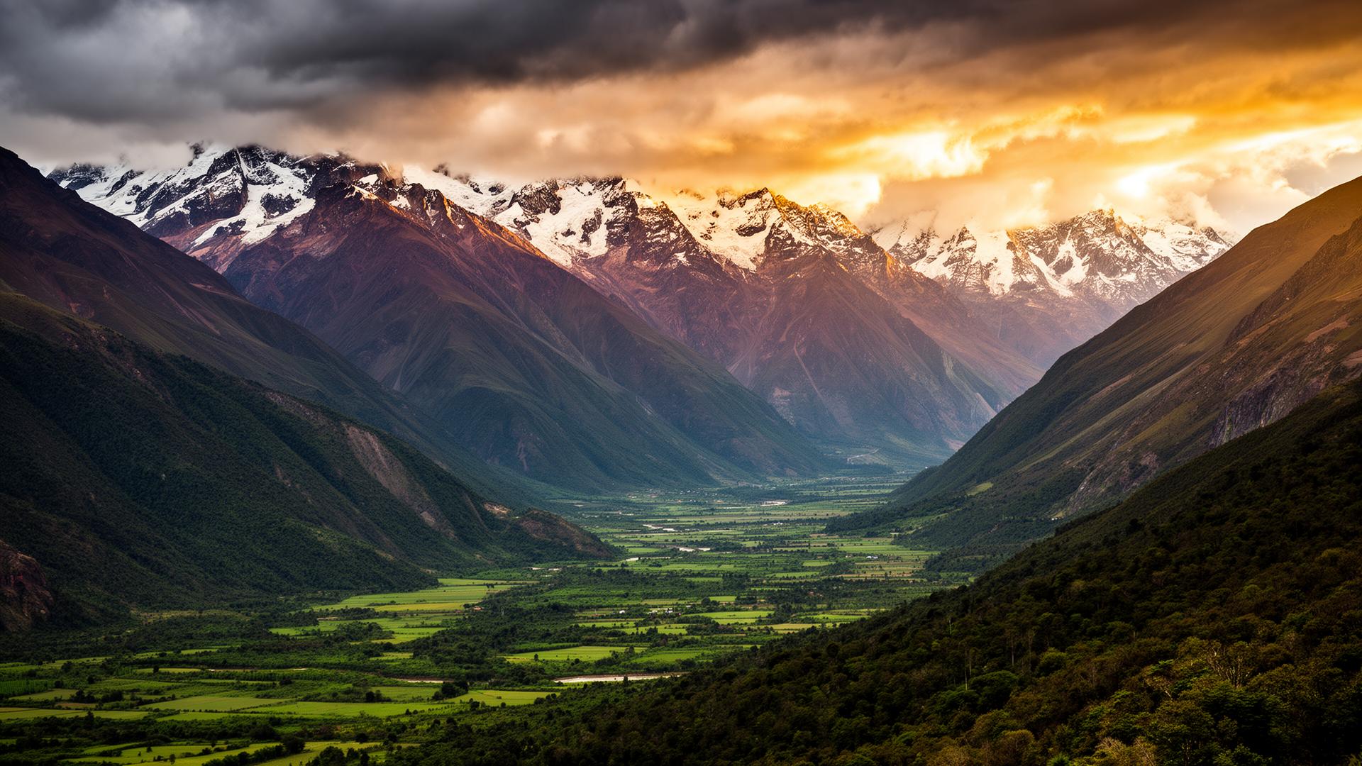 Dramatic Andes mountain landscape with snow-capped peaks and green valleys at golden hour